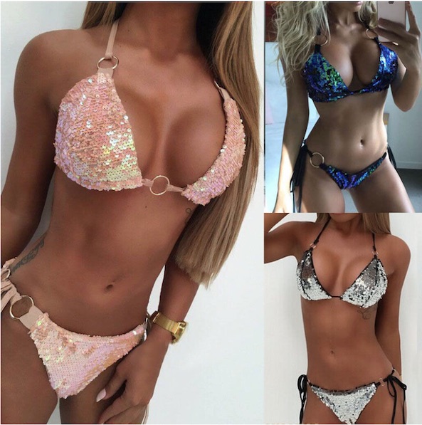 Three Pictures of a Woman In different coloured Sequin bikinis. A Pink Sequinned Bikini a Blue Sequinned Bikini and a Silver Sequinned Bikini  